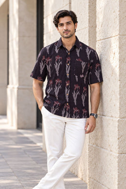 Black Half Sleeve Jahota Printed Cotton Mens Shirt 10074321