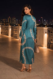 Teal Green Printed Vegan Charmeuse Silk Dress 10077276