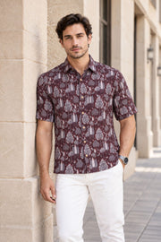 Brown Half Sleeve Jahota Printed Cotton Mens Shirt 10074413