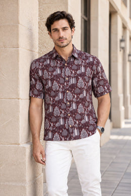 Brown Half Sleeve Jahota Printed Cotton Mens Shirt 10074413