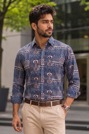 Blue Full Sleeve Ajrakh Printed Cotton Mens Shirt 10071164
