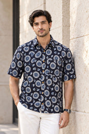 Blue Half Sleeve Jahota Printed Cotton Mens Shirt 10076225