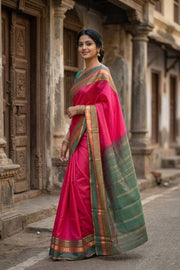Pink Kanjivaram Pure Silk Saree With Rudrashtakam Border 10077895