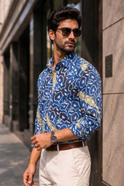 Blue Full Sleeve Ajrakh Printed Cotton Mens Shirt 10073001