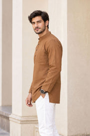 Brown Full Sleeve Slub Cotton Shirt Length Men's Kurta 10077840