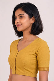 Mustard Yellow Aari Embroidered Mangalgiri Cotton Blouse 10070746