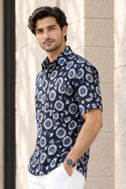 Blue Half Sleeve Jahota Printed Cotton Mens Shirt 10076225