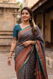 Peacock Blue Printed Semi Tussar Silk Saree 10077222