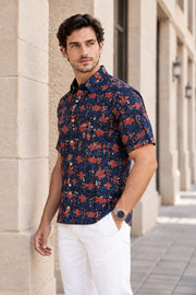 Blue Half Sleeve Jahota Printed Cotton Mens Shirt 10076223