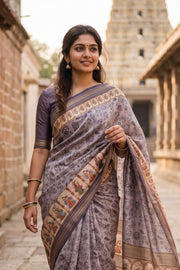 Grey Printed Semi Tussar Silk Saree 10077226