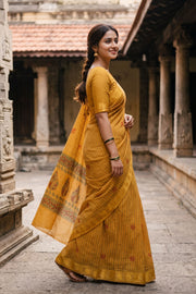 Mustard Yellow Striped Sungudi Saree 10078047