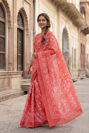 Coral PInk Chikankari Embroided Organza Saree 10078119