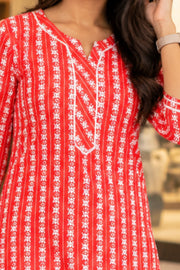 Red Printed Cotton Kurta 10075948