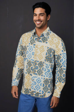 Cream Full Sleeve Ajrakh Printed Cotton Mens Shirt 10072719
