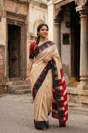 Beige Vegan Silk Kanjivaram Saree 10077941