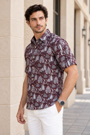 Brown Half Sleeve Jahota Printed Cotton Mens Shirt 10074413
