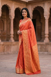 Sunburst Red Handloom Banarasi Dupion Silk Saree With Floral Border 10076558