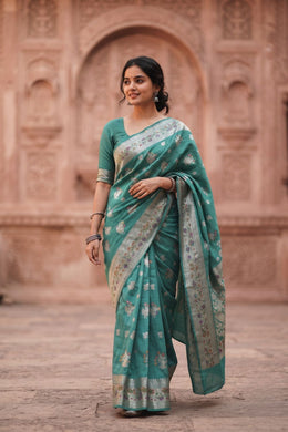 Arctic Blue Handloom Banarasi Chiniya Silk Saree 10065482