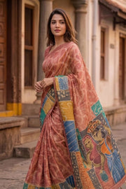 Brown Printed Semi Tussar Silk Saree With Tribal Motifs 10076268