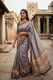 Grey Printed Semi Tussar Silk Saree 10077226
