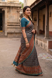 Peacock Blue Printed Semi Tussar Silk Saree 10077222