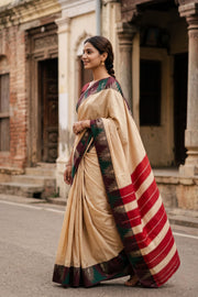 Beige Vegan Silk Kanjivaram Saree 10077941