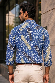 Blue Full Sleeve Ajrakh Printed Cotton Mens Shirt 10073001