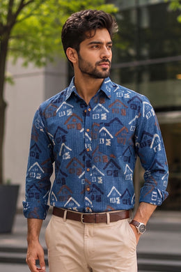 Blue Full Sleeve Ajrakh Printed Cotton Mens Shirt 10073002