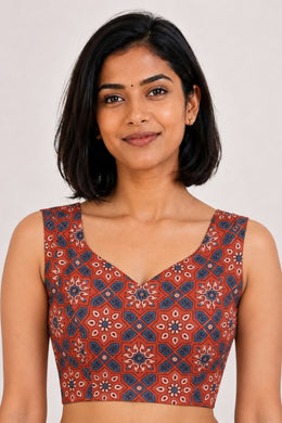 Red Ajrakh Printed Mashru Silk Blouse 10061030