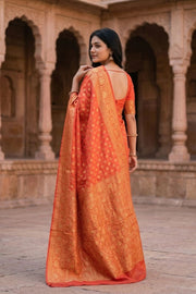 Sunburst Red Handloom Banarasi Dupion Silk Saree With Floral Border 10076558