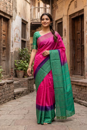 Pink Semi Tussar Saree with Zari Border 10078214