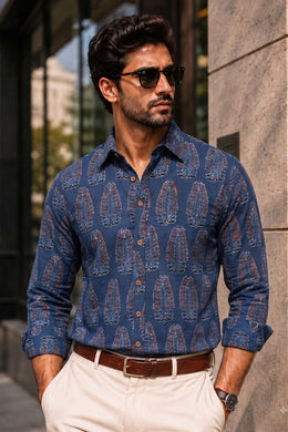 Blue Full Sleeve Ajrakh Printed Cotton Mens Shirt 10071163