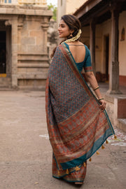 Peacock Blue Printed Semi Tussar Silk Saree 10077222