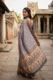 Grey Printed Semi Tussar Silk Saree 10077226