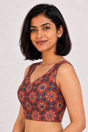 Red Ajrakh Printed Mashru Silk Blouse 10061030