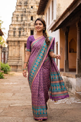 Grape Purple Printed Semi Tussar Silk Saree 10077220