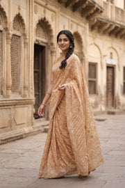 Beige Chikankari Embroided Organza Saree 10078120