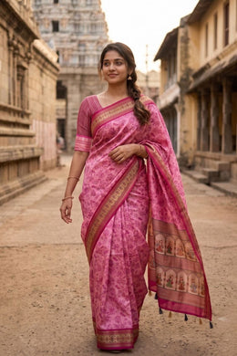 Baby Pink Printed Semi Tussar Silk Saree 10077225
