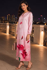Pink Printed Vegan Charmeuse Silk Dress 10077277