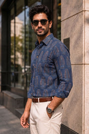 Blue Full Sleeve Ajrakh Printed Cotton Mens Shirt 10071163