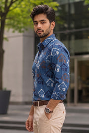 Blue Full Sleeve Ajrakh Printed Cotton Mens Shirt 10073002