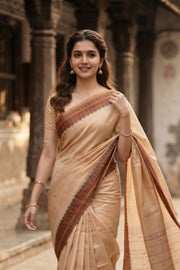 Beige Handloom Chettinad Cotton Saree 10077310
