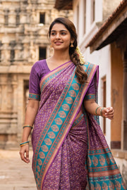 Grape Purple Printed Semi Tussar Silk Saree 10077220