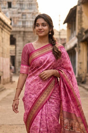 Baby Pink Printed Semi Tussar Silk Saree 10077225
