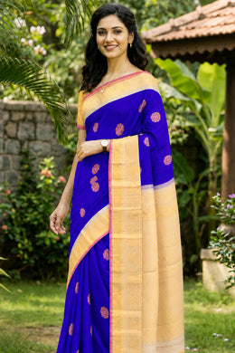 Blue Gadwal Kuttu Handloom Silk Saree With Cream Peacock Motif Border 10077198