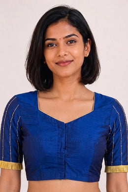 Navy Blue Aari Embroidered Tussar Silk Blouse 10070441