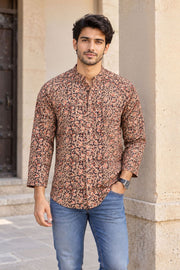 Brown Full Sleeve Kalamkari Print Raglan Men's Shirt 10077845