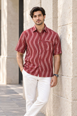 Marroon Half Sleeve Handloom Ikat Cotton Men's Shirt 10077852