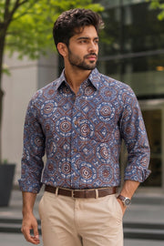 Blue Full Sleeve Ajrakh Printed Cotton Mens Shirt 10071162