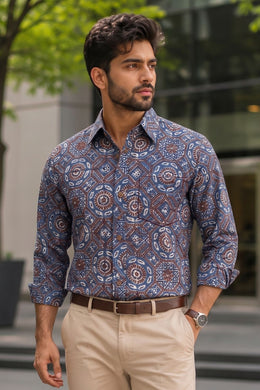 Blue Full Sleeve Ajrakh Printed Cotton Mens Shirt 10071162